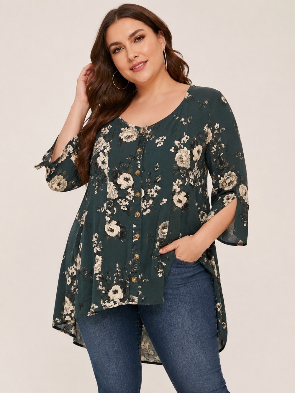 🌿 Torrid Floral Hi-Low Blouse | Size 3 (3X) | Dark Green Boho Button Front Top - Picture 1 of 6